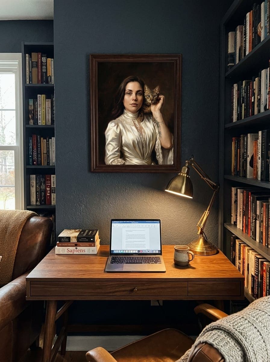 Baroque portrait above a sofa in a living room